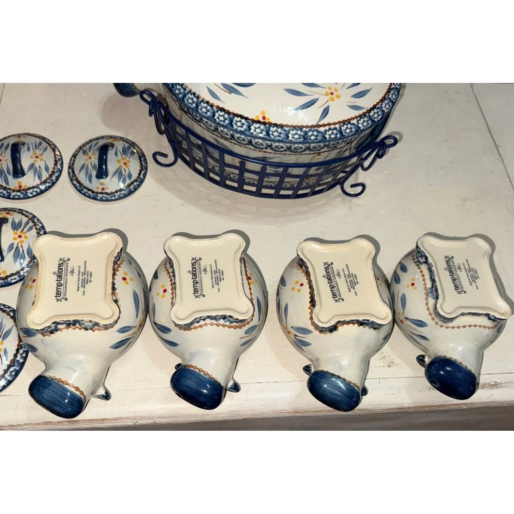 Temptations Ovenware Old World Blue Cow 2.5 qt Casserole & (4) 16 oz Ramekin Set